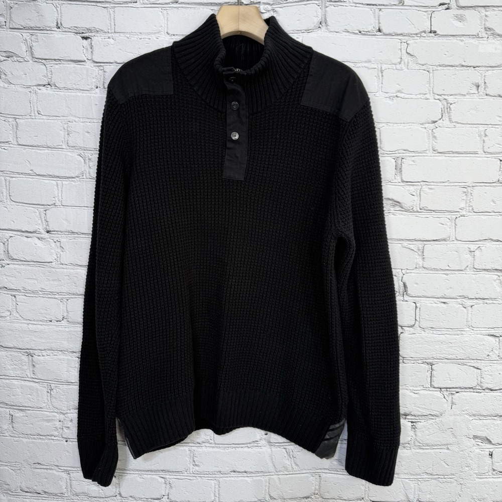 Buffalo David Bitton Men's 1/4 Snap‎ Zip Military Sweater XL Black Elbow Patch